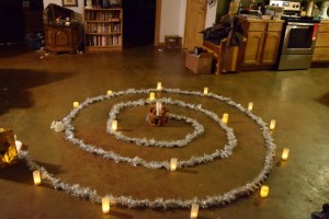 Outside is nice, but given recent torrential rains and flooding throughout Missouri, the floor works too!)